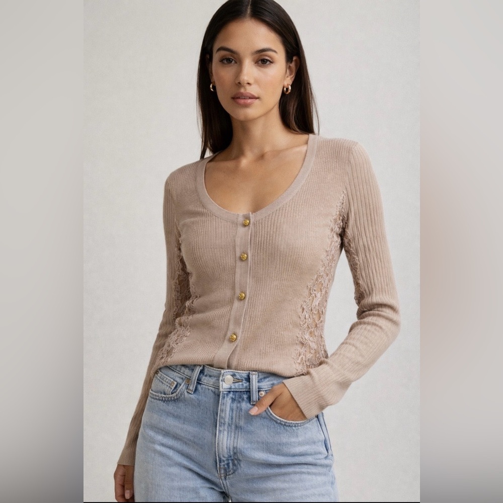 Emilio Pucci Taupe Lace-Trim Ribbed Cardigan Top